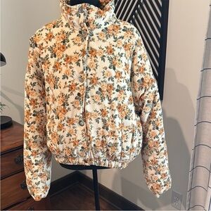 Pink Lily Floral Puffer Jacket - Cream and Orange